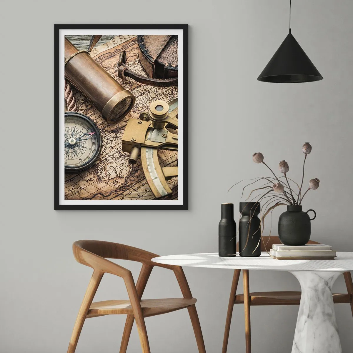 Poster in einem schwarzem Rahmen - Navigationsset mit Karte, Kompass und Sextant - 50x70cm - Setze Sie einen Kurs - Moderne Wanddekoration für Wohnzimmer und Schlafzimmer ARTTOR