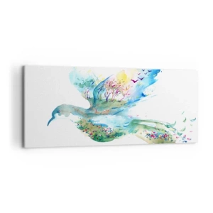 Bild auf Leinwand - Leinwandbild - Aquarellkomposition eines Vogels mit Elementen der Natur - 120x50cm - Auf den Flügeln der Natur - Moderne Wanddekoration für Wohnzimmer und Schlafzimmer ARTTOR