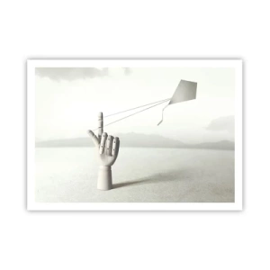 Poster - Eine minimalistische Holzhand mit einem Drachen vor einem Landschaftshintergrund. - 100x70cm - Kraftprobe - Moderne Wanddekoration für Wohnzimmer und Schlafzimmer ARTTOR