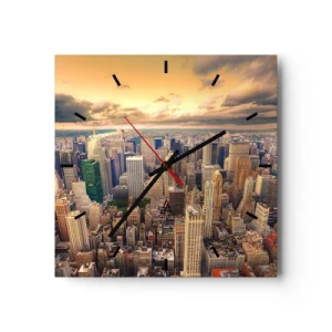 Wanduhr - Glasuhr - Stadtpanorama mit Blick auf Wolkenkratzer bei Sonnenuntergang - 30x30cm - Vergoldete Metropole - Moderne Wanddekoration für Wohnzimmer und Schlafzimmer ARTTOR
