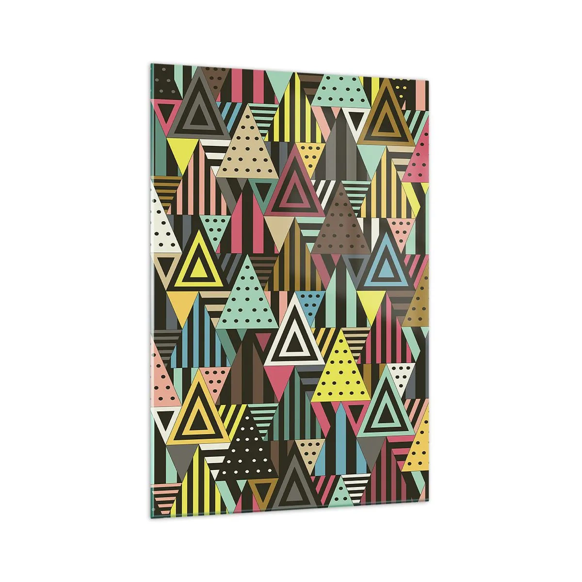 Glasbild - Bild auf glas - Buntes geometrisches Muster mit Dreiecken und Linien - 70x100cm - Im Rhythmus auf drei - Moderne Wanddekoration für Wohnzimmer und Schlafzimmer ARTTOR