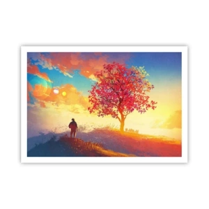 Poster - Eine Figur auf einem Hügel neben einem bunten Baum im Licht der untergehenden Sonne - 100x70cm - Pilger am Ziel - Moderne Wanddekoration für Wohnzimmer und Schlafzimmer ARTTOR