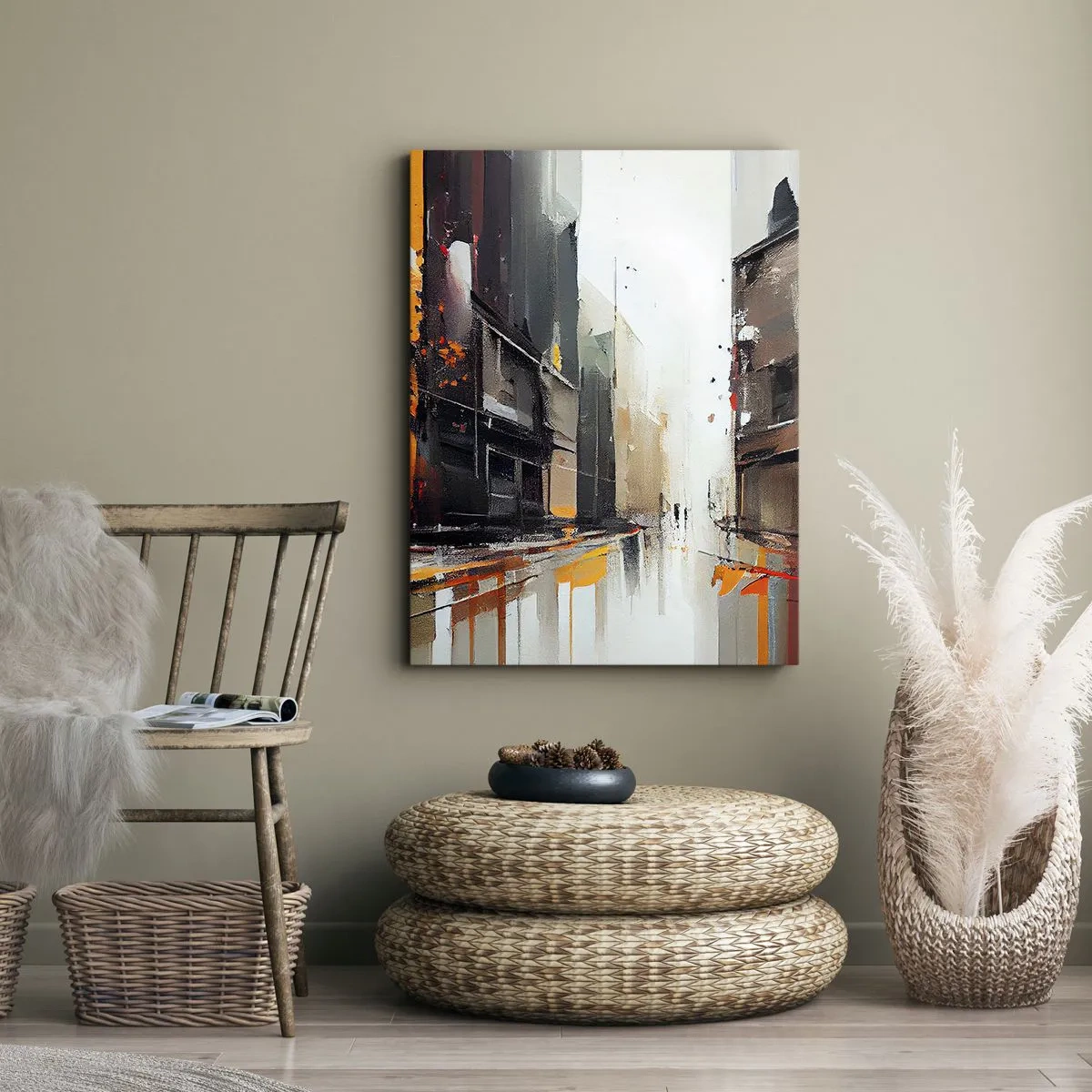 Bild auf Leinwand - Leinwandbild - Abstrakte Ansicht einer Stadtstraße im Regen - 50x70cm - Regnerischer Tag - Moderne Wanddekoration für Wohnzimmer und Schlafzimmer ARTTOR