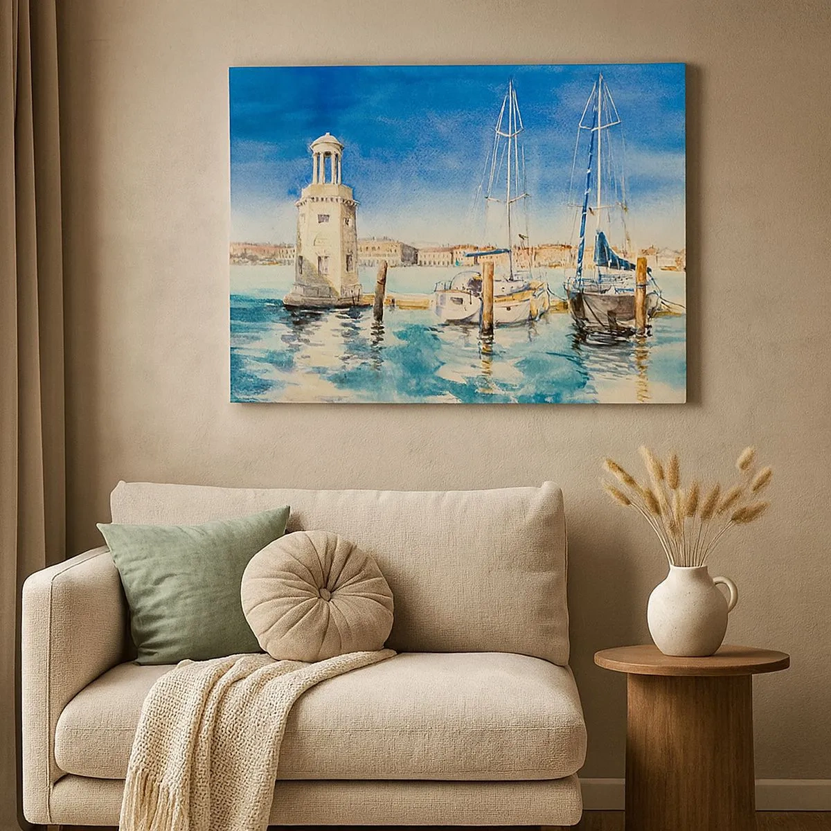 Bild auf Leinwand - Leinwandbild - Yachthafen mit Booten vor der Kulisse einer blauen Lagune - 70x50cm - Sonnige Lagune - Moderne Wanddekoration für Wohnzimmer und Schlafzimmer ARTTOR