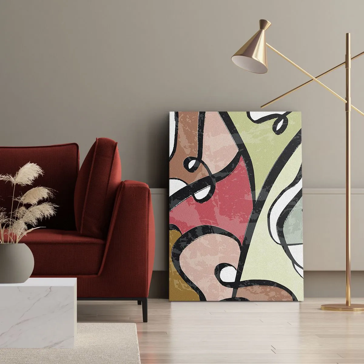 Bild auf Leinwand - Leinwandbild - Bunte abstrakte Formen mit schwarzen Linien - 50x70cm - Pirouetten unter Farben - Moderne Wanddekoration für Wohnzimmer und Schlafzimmer ARTTOR