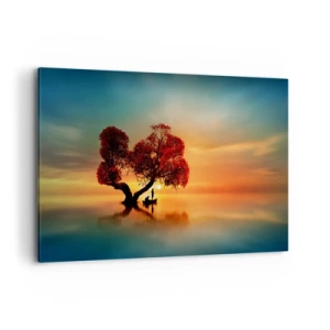 Bild auf Leinwand - Leinwandbild - Ein rotblättriger Baum und ein Boot auf dem Wasser bei Sonnenuntergang - 120x80cm - Oddaysons und die Stille der Weltlosen - Moderne Wanddekoration für Wohnzimmer und Schlafzimmer ARTTOR