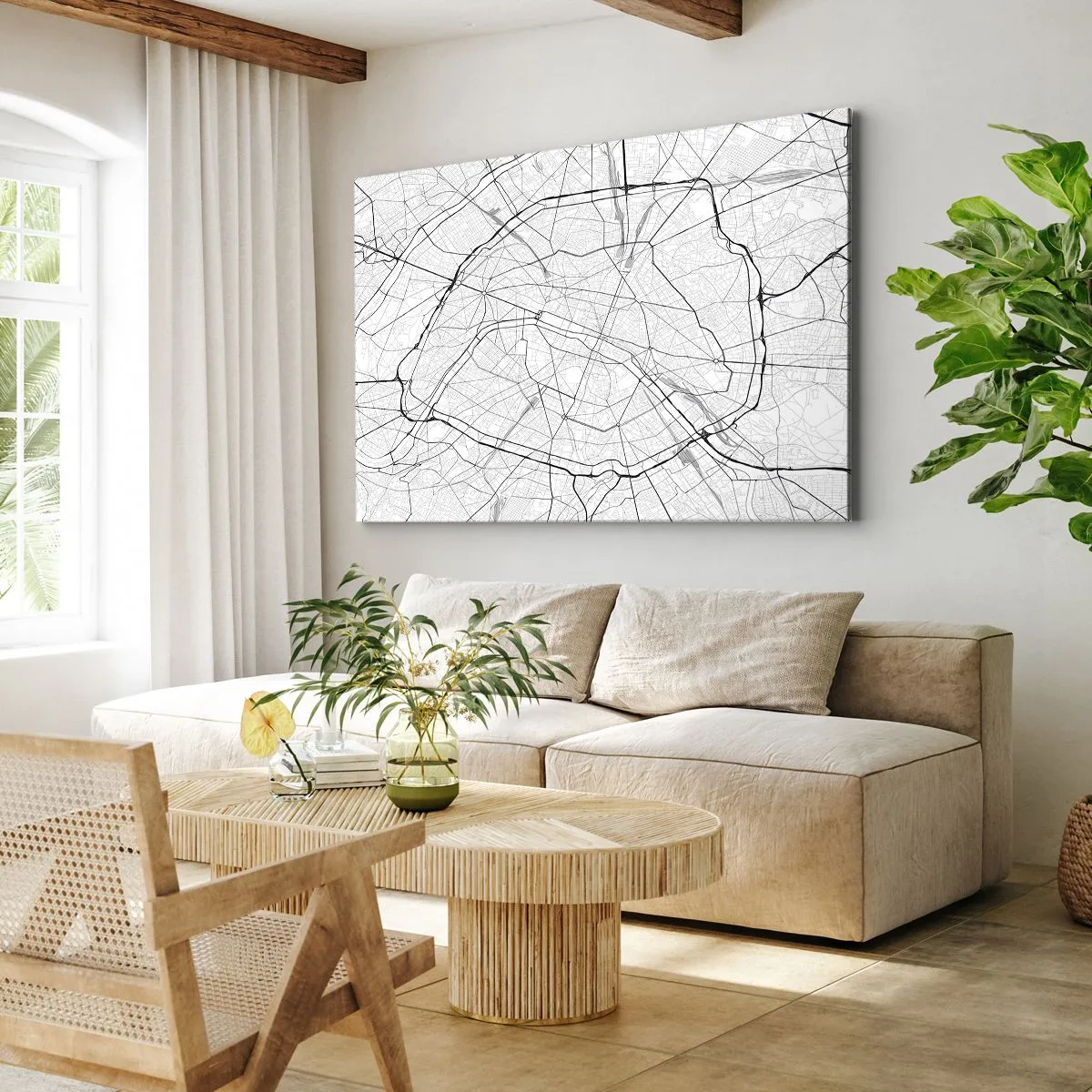 Bild auf Leinwand - Leinwandbild - Minimalistischer Stadtplan in Schwarz-Weiß - 120x80cm - Pariser Blume - Moderne Wanddekoration für Wohnzimmer und Schlafzimmer ARTTOR