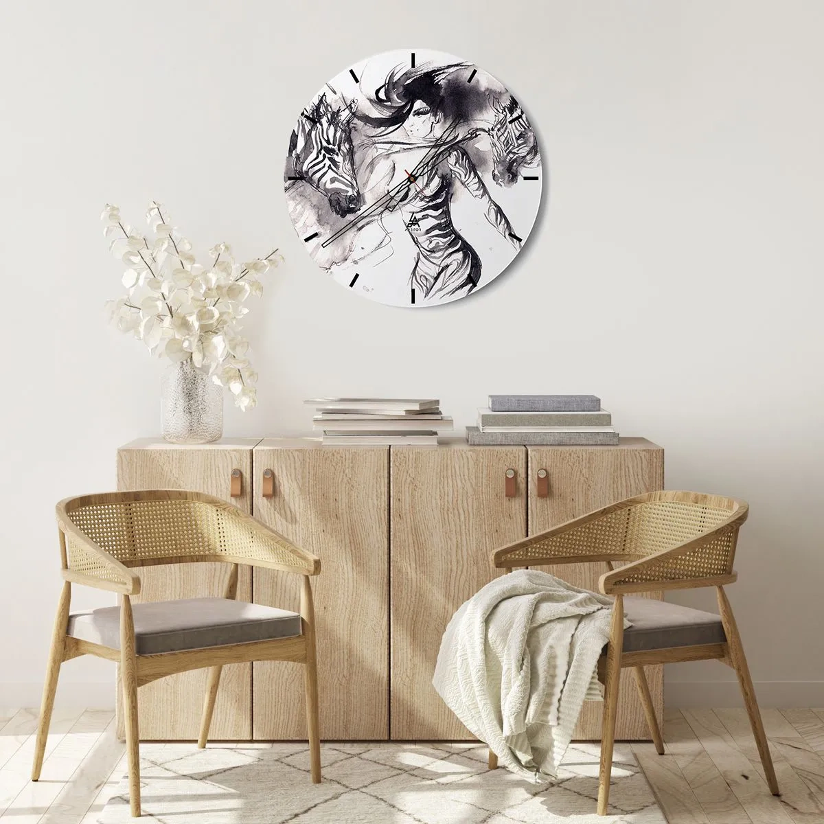 Wanduhr - Glasuhr - Eine Frau in einer künstlerischen Form tanzt mit zwei versammelten Menschen - 30x30cm - Tanzen mit den Zebras - Moderne Wanddekoration für Wohnzimmer, Küche und Schlafzimmer ARTTOR