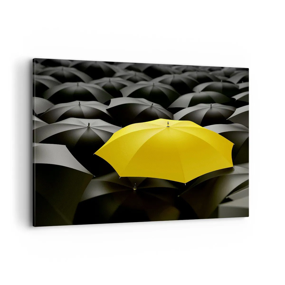 Bild auf Leinwand - Leinwandbild - Ein gelber Regenschirm zwischen schwarzen Regenschirmen - 100x70cm - Auf Wiedersehen Trauer - Moderne Wanddekoration für Wohnzimmer und Schlafzimmer ARTTOR