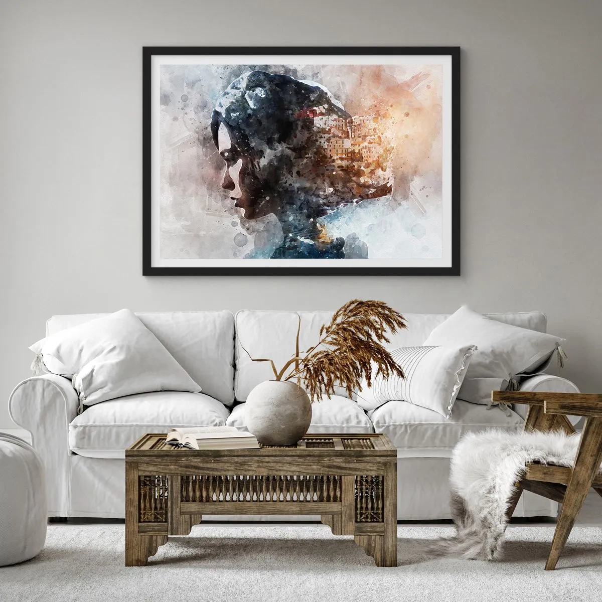Poster in einem schwarzem Rahmen - Eine Geschichte über ein Mädchen mit einer Stadt im Hintergrund - 91x61 cm
