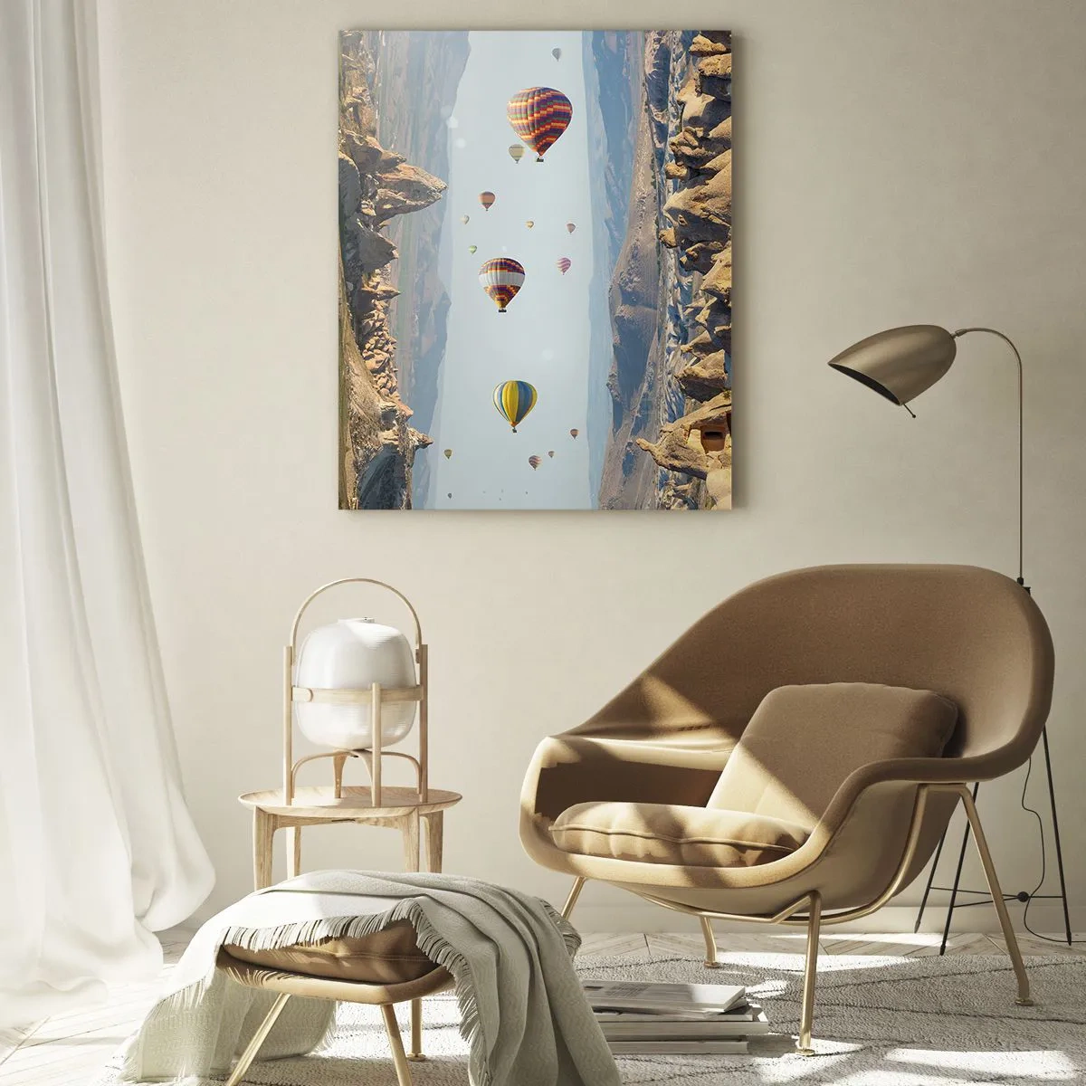 Glasbild - Bild auf glas - Bunte Ballons über einer felsigen Landschaft - 80x120cm - Hier ist alles möglich - Moderne Wanddekoration für Wohnzimmer und Schlafzimmer ARTTOR
