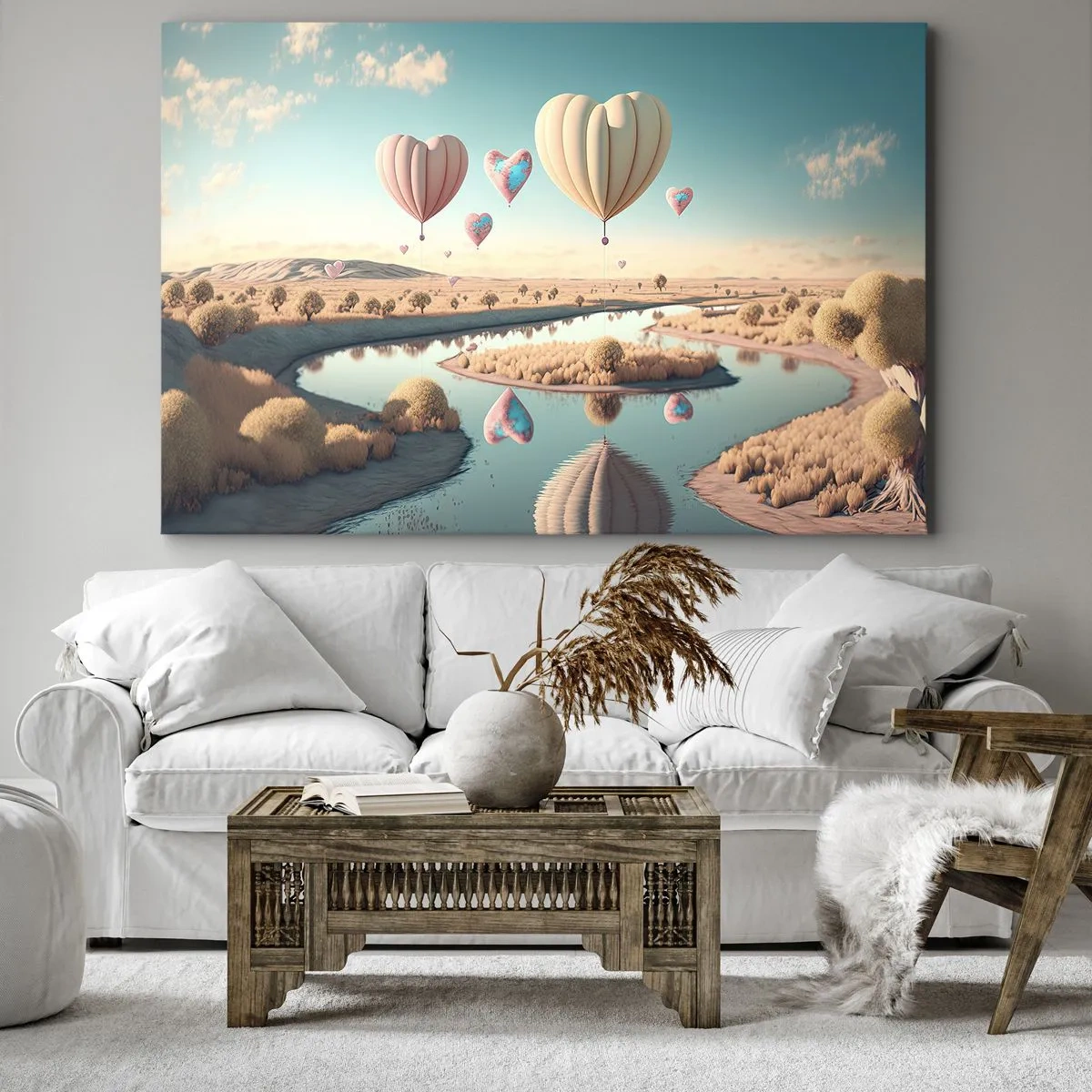 Bild auf Leinwand - Leinwandbild - Herzförmige Ballons schweben über der Landschaft - 120x80cm - Dank Liebe steigt man auf - Moderne Wanddekoration für Wohnzimmer und Schlafzimmer ARTTOR