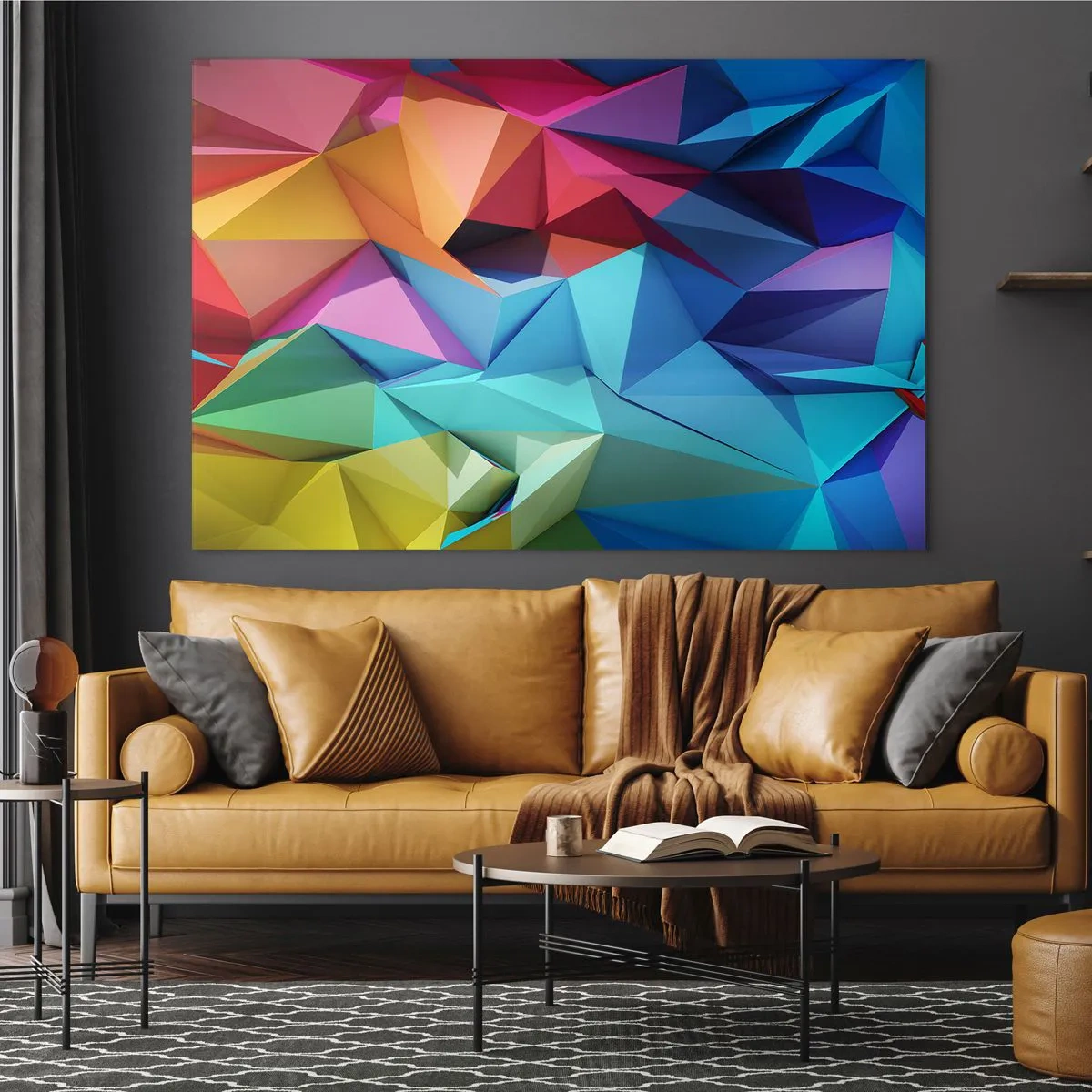 Glasbild - Bild auf glas - Geometrische Komposition in intensiven, mehrfarbigen Farbtönen - 100x70cm - Regenbogen-Origami - Moderne Wanddekoration für Wohnzimmer und Schlafzimmer ARTTOR