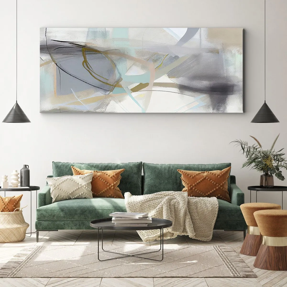 Bild auf Leinwand - Leinwandbild - Pastellabstraktion mit zarten Linien - 140x50cm - Neblige Abstraktion - Moderne Wanddekoration für Wohnzimmer und Schlafzimmer ARTTOR