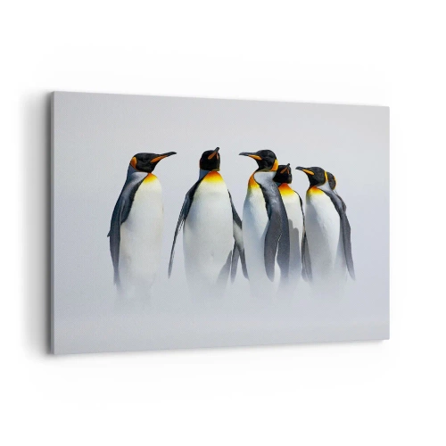 Bild auf Leinwand - Leinwandbild - Eine Gruppe Kaiserpinguine im Winternebel - 100x70cm - Treffen in Abendkleidern - Moderne Wanddekoration für Wohnzimmer und Schlafzimmer ARTTOR