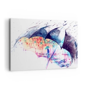 Bild auf Leinwand - Leinwandbild - Eine bunte Stadt, versteckt unter abstrakten Regenschirmen - 100x70cm - Im Regen spazieren gehen - Moderne Wanddekoration für Wohnzimmer und Schlafzimmer ARTTOR