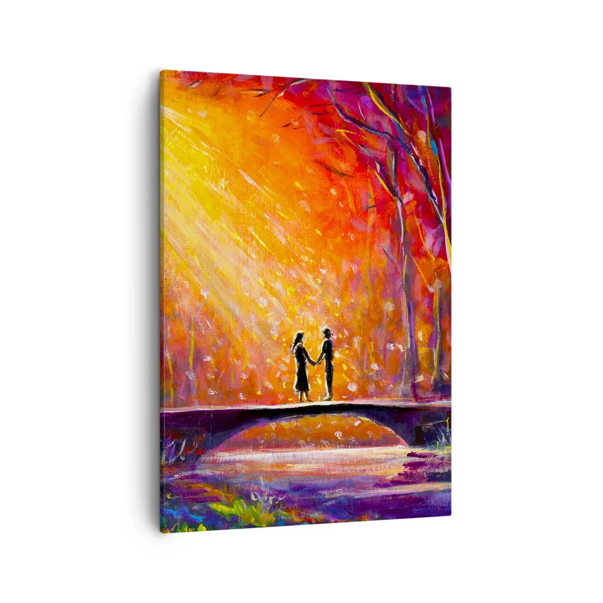 Bild auf Leinwand - Leinwandbild - Romantisches Paar auf einer Brücke im herbstlichen Wald - 50x70cm - Der Himmel liebt sie auch - Moderne Wanddekoration für Wohnzimmer und Schlafzimmer ARTTOR