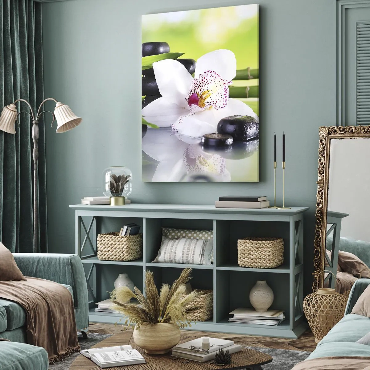 Bild auf Leinwand - Leinwandbild - Orchidee, Steine und Bambus in einer harmonischen Spa-Komposition - 70x100cm - Kühle Frische - Moderne Wanddekoration für Wohnzimmer und Schlafzimmer ARTTOR