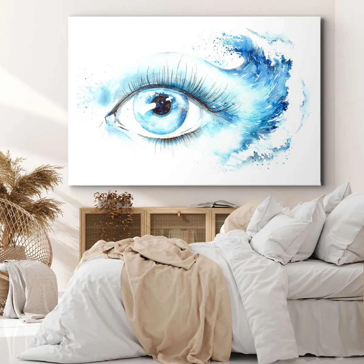 Bild auf Leinwand - Leinwandbild - Künstlerisches Aquarell eines Auges mit einer dynamischen Welle - 70x50cm - Tauchen Sie ein in das Blau der Blicke - Moderne Wanddekoration für Wohnzimmer und Schlafzimmer ARTTOR