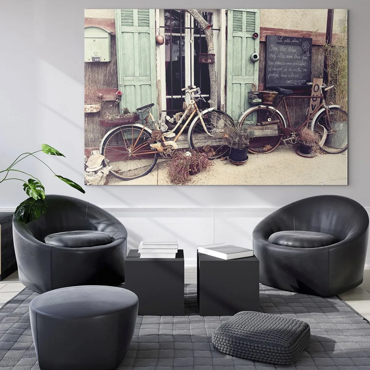 Glasbild - Bild auf glas - Provinzielle Landschaft mit Fahrrädern - 70x50cm - Es lebe die Provinz - Moderne Wanddekoration für Wohnzimmer und Schlafzimmer ARTTOR