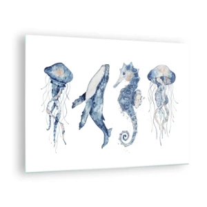Glasbild - Bild auf glas - Meerestiere im zarten Aquarellstil - 70x50cm - Meereswunder - Moderne Wanddekoration für Wohnzimmer und Schlafzimmer ARTTOR