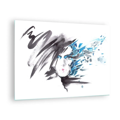 Glasbild - Bild auf glas - Porträt einer Frau mit abstrakten blauen Akzenten - 70x50cm - Sinnliches Portrait in Grau und Blau - Moderne Wanddekoration für Wohnzimmer und Schlafzimmer ARTTOR
