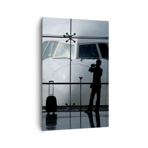 Bild auf Leinwand - Leinwandbild - Flughafen mit Silhouetten von Menschen und Blick auf das Flugzeug - 80x120cm - Vis a vis am Flughafen - Moderne Wanddekoration für Wohnzimmer und Schlafzimmer ARTTOR