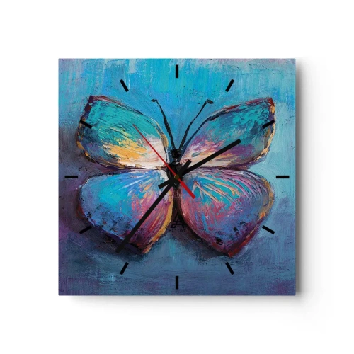 Wanduhr - Glasuhr - Bunter Schmetterling auf blauem Hintergrund - 30x30cm - In all seiner Pracht - Moderne Wanddekoration für Wohnzimmer und Schlafzimmer ARTTOR