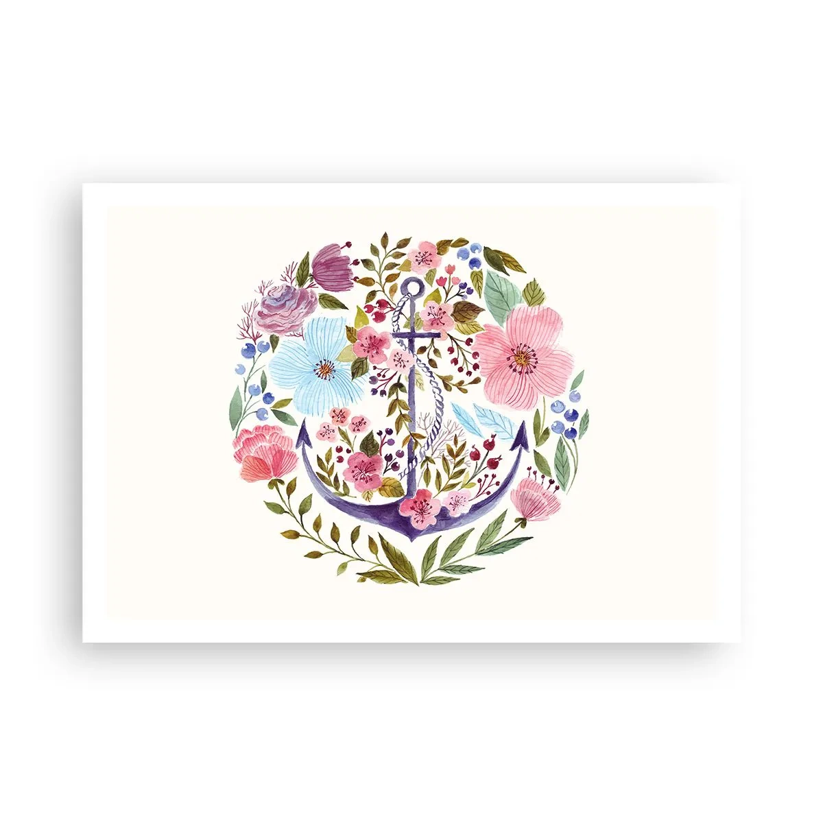 Poster - Ein Anker, umgeben von Aquarellblumen auf hellem Hintergrund - 100x70cm - Guter Traum eines Seemanns - Moderne Wanddekoration für Wohnzimmer und Schlafzimmer ARTTOR