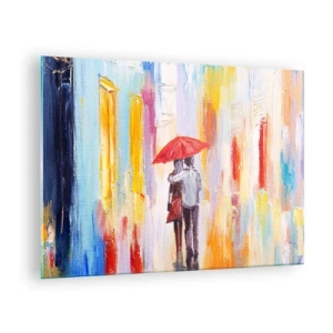Glasbild - Bild auf glas - Ein Paar hält einen roten Regenschirm im Regen vor einer farbenfrohen Straße. - 70x50cm - Lass es weiter regnen - Moderne Wanddekoration für Wohnzimmer und Schlafzimmer ARTTOR