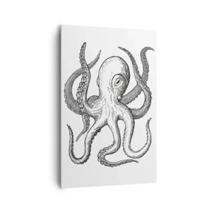 Bild auf Leinwand - Leinwandbild - Schwarz-weiße Zeichnung eines Oktopus auf weißem Hintergrund im Vintage-Stil - 80x120cm - Mit den Wellen tanzen - Moderne Wanddekoration für Wohnzimmer und Schlafzimmer ARTTOR