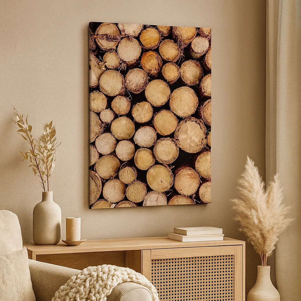 Bild auf Leinwand - Leinwandbild - Stapel gefällter Baumstämme in harmonischer Anordnung - 50x70cm - Ein neuer Anfang - Moderne Wanddekoration für Wohnzimmer und Schlafzimmer ARTTOR