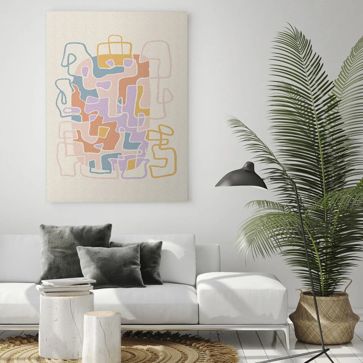 Glasbild - Bild auf glas - Ein buntes Labyrinth aus Linien auf cremefarbenem Hintergrund - 50x70cm - Labyrinth – ein freudiges Abenteuer - Moderne Wanddekoration für Wohnzimmer und Schlafzimmer ARTTOR