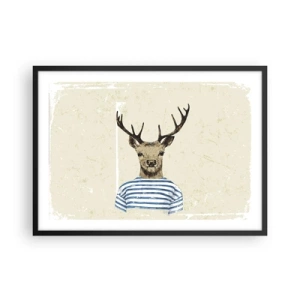 Poster in einem schwarzem Rahmen - Ein Hirsch im gestreiften Hemd auf hellem Hintergrund mit zarter Textur - 70x50cm - Weil ich gestreifte T-Shirts mag! - Moderne Wanddekoration für Wohnzimmer und Schlafzimmer ARTTOR