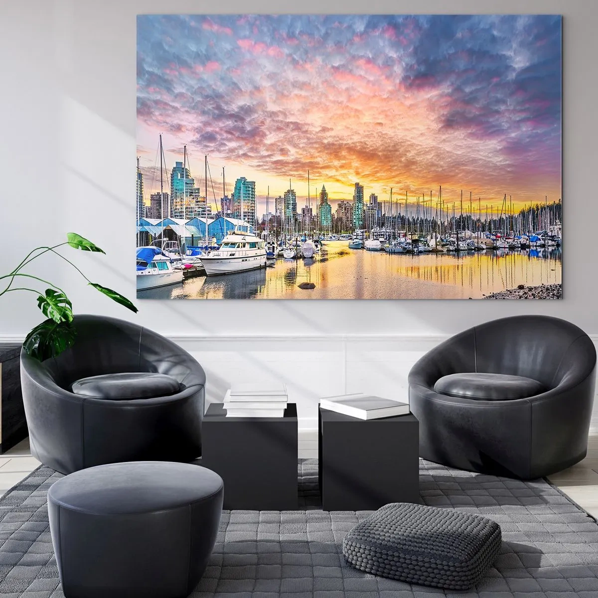 Glasbild - Bild auf glas - Sonnenuntergang über dem Yachthafen mit Booten und Wolkenkratzern - 120x80cm - Die Stadt der tausend Seefahrer - Moderne Wanddekoration für Wohnzimmer und Schlafzimmer ARTTOR