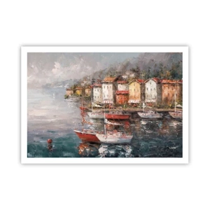 Poster - Küstenlandschaft mit Booten und bunten Häusern - 100x70cm - Romantische Oase - Moderne Wanddekoration für Wohnzimmer und Schlafzimmer ARTTOR
