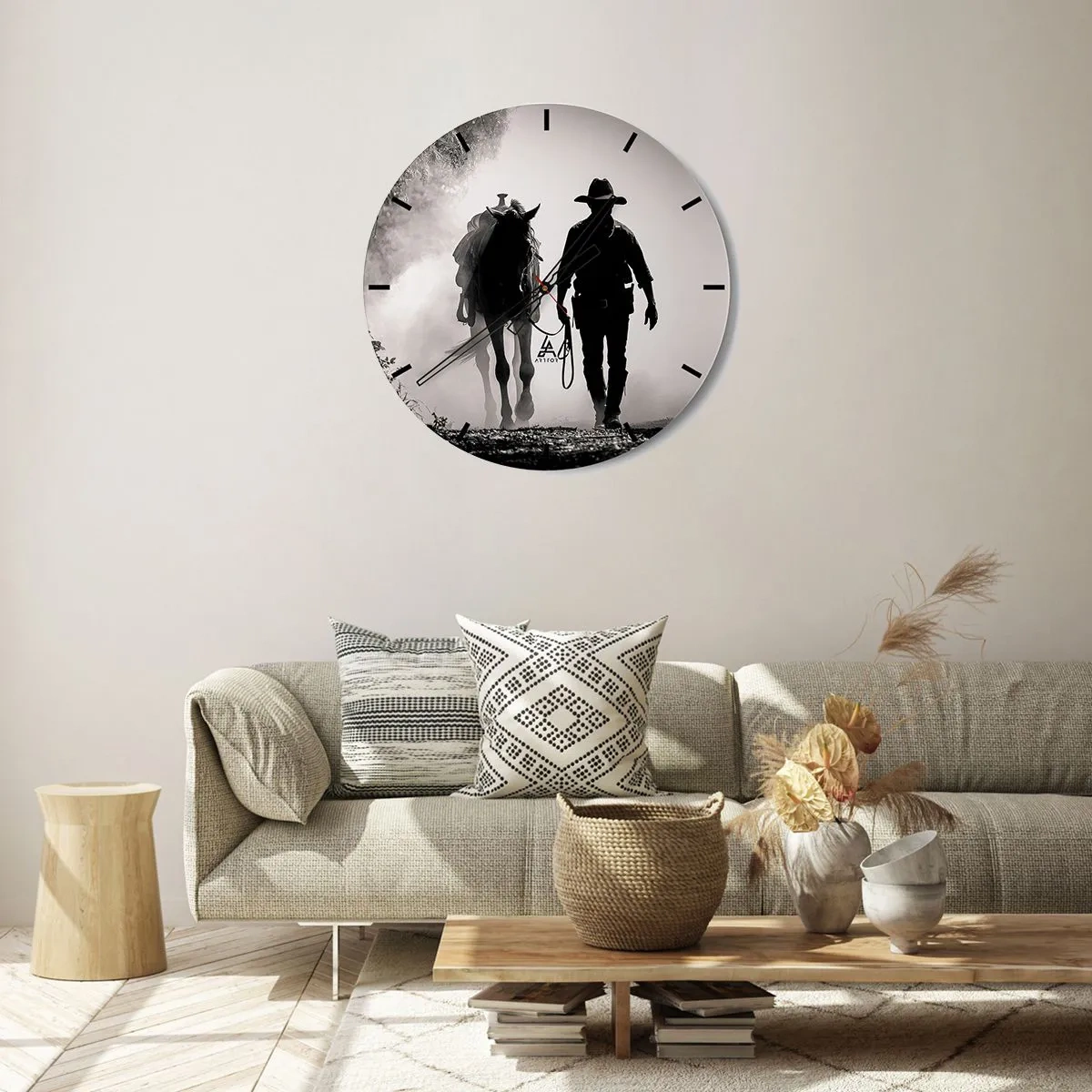 Wanduhr - Glasuhr - Ein Cowboy führt sein Pferd im Morgennebel - 30x30cm - Texas-Morgen - Moderne Wanddekoration für Wohnzimmer, Küche und Schlafzimmer ARTTOR