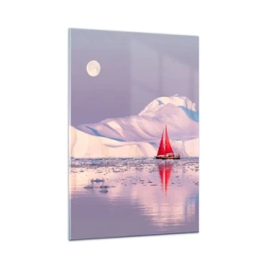 Glasbild - Bild auf glas - Ein rotes Segel vor der Kulisse eisiger Berge und eines Vollmonds. - 80x120cm - Die Hitze des Segels, die Kälte des Eises - Moderne Wanddekoration für Wohnzimmer und Schlafzimmer ARTTOR