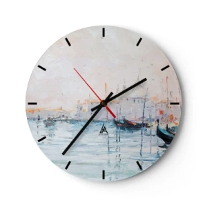 Wanduhr - Glasuhr - Ein impressionistisches Gemälde eines Hafens mit Booten auf ruhigem Wasser. - 30x30cm - Hinter dem Wasser, hinter dem Nebel - Moderne Wanddekoration für Wohnzimmer, Küche und Schlafzimmer ARTTOR