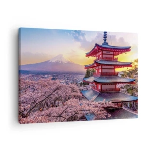 Bild auf Leinwand - Leinwandbild - Eine Pagode in Japan mit Kirschblüten und dem Berg Fuji - 70x50cm - Die Essenz des japanischen Geistes - Moderne Wanddekoration für Wohnzimmer und Schlafzimmer ARTTOR
