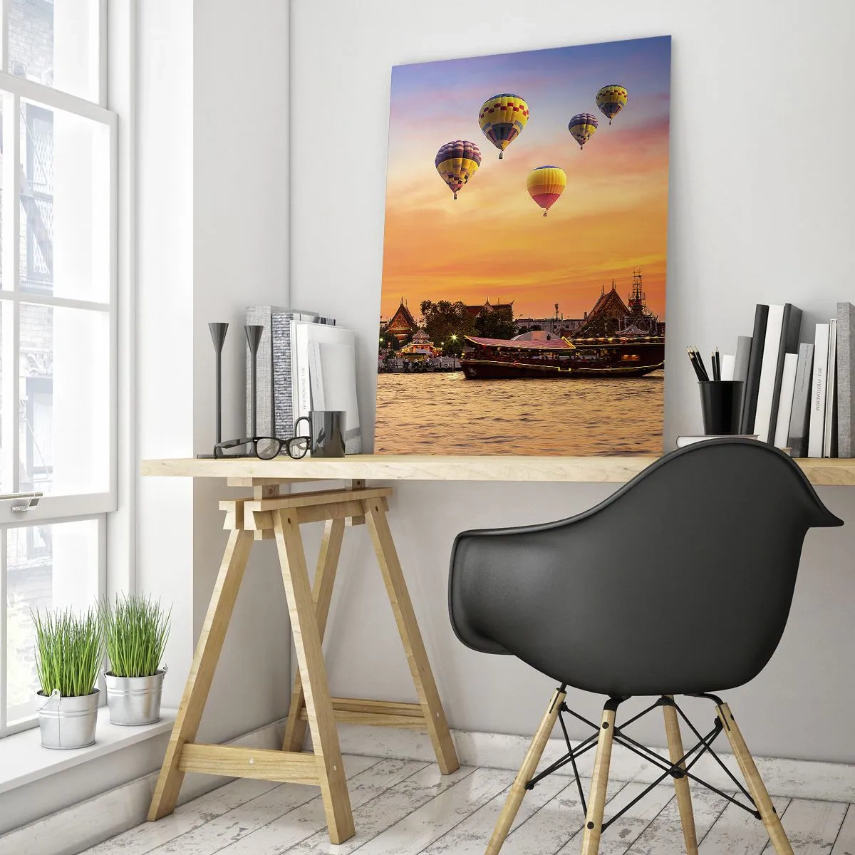 Glasbild - Bild auf glas - Ein Tempel und Ballons vor dem Hintergrund der untergehenden Sonne über dem Fluss - 80x120cm - Hier werden Märchen geboren - Moderne Wanddekoration für Wohnzimmer und Schlafzimmer ARTTOR