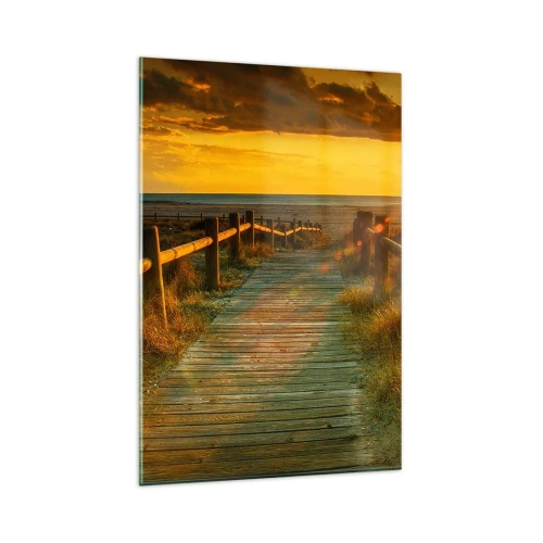 Glasbild - Bild auf glas - Ein Holzweg, der im Schein der untergehenden Sonne zum Strand führt - 80x120cm - In altem Gold gebadet - Moderne Wanddekoration für Wohnzimmer und Schlafzimmer ARTTOR