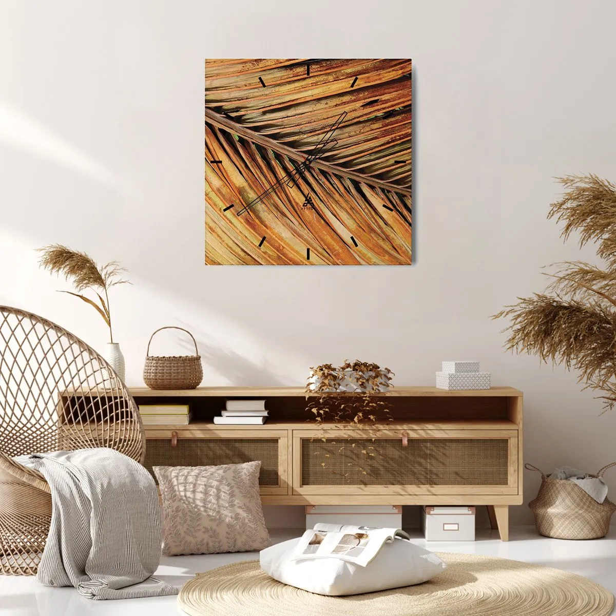 Wanduhr - Glasuhr - Nahaufnahme eines trockenen Palmblattes in warmen Tönen - 30x30cm - Kokosnuss-Gold - Moderne Wanddekoration für Wohnzimmer und Schlafzimmer ARTTOR