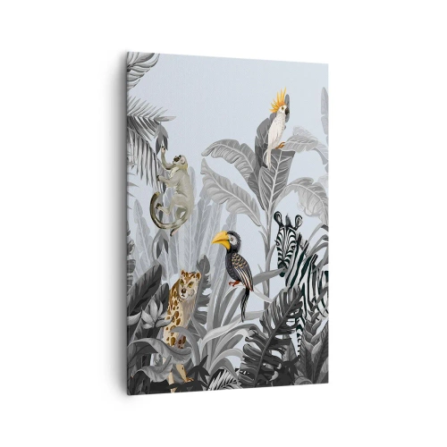 Bild auf Leinwand - Leinwandbild - Tropischer Dschungel mit exotischen Tieren auf grauem Hintergrund - 80x120cm - Afrikanisches Märchen - Moderne Wanddekoration für Wohnzimmer und Schlafzimmer ARTTOR