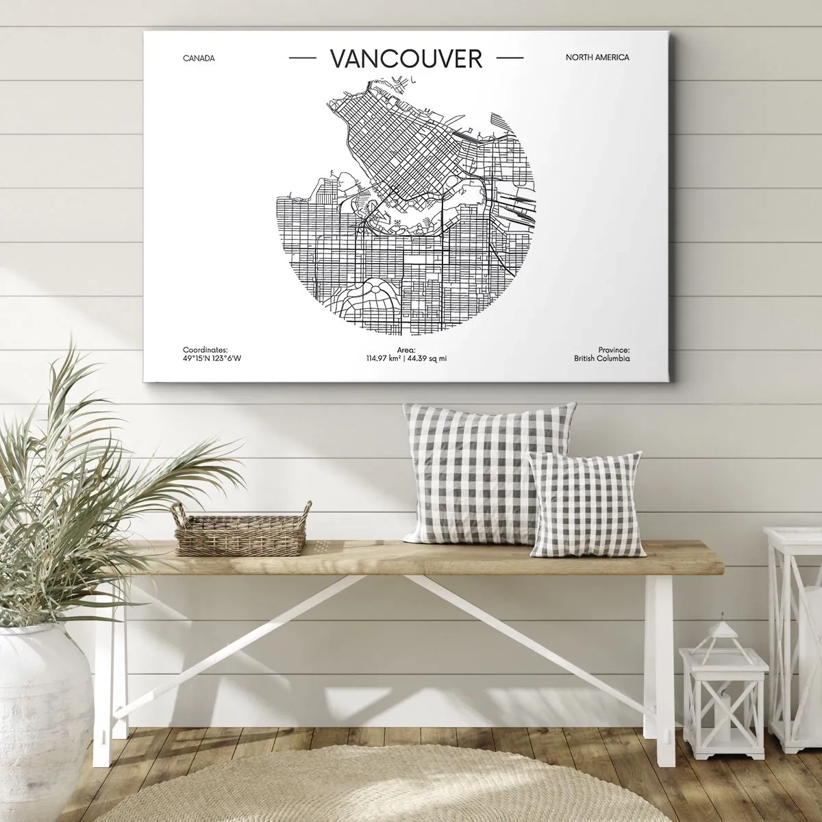 Bild auf Leinwand - Leinwandbild - Eine Karte von Vancouver im minimalistischen Schwarz-Weiß-Stil - 70x50cm - Anatomie von Vacouver - Moderne Wanddekoration für Wohnzimmer und Schlafzimmer ARTTOR