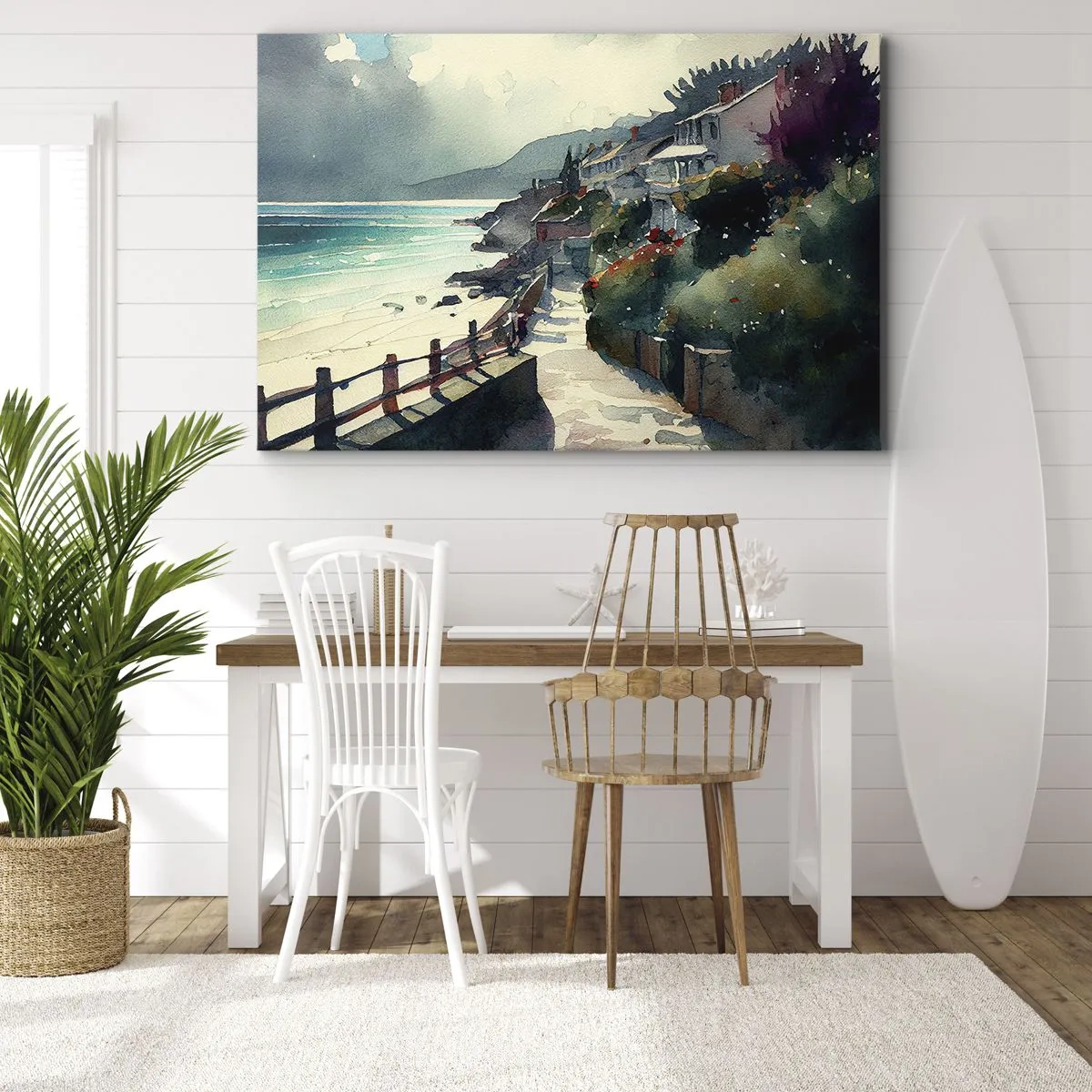 Bild auf Leinwand - Leinwandbild - Strandpromenade mit Häusern und Vegetation - 120x80cm - Mittelmeerstadt - Moderne Wanddekoration für Wohnzimmer und Schlafzimmer ARTTOR