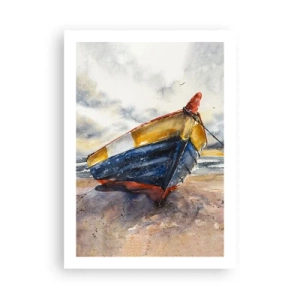 Poster - Aquarellboot am Strand bei Sonnenuntergang - 50x70cm - Erholung am Ufer - Moderne Wanddekoration für Wohnzimmer und Schlafzimmer ARTTOR