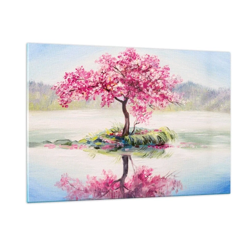 Glasbild - Bild auf glas - Ein rosa Baum auf einer Insel, der sich im ruhigen Wasser spiegelt - 120x80cm - Der Ritus des Frühlings - Moderne Wanddekoration für Wohnzimmer und Schlafzimmer ARTTOR