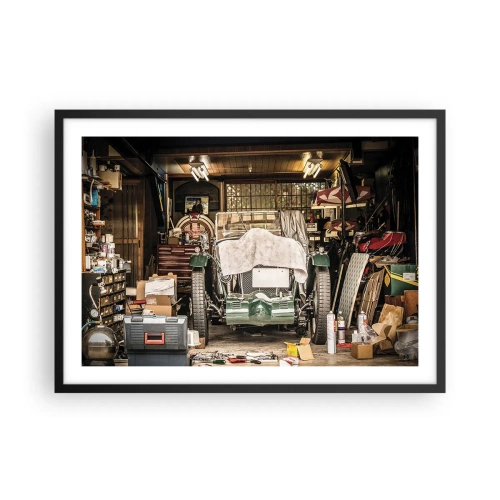 Poster in einem schwarzem Rahmen - Ein altes Auto in einer Garage, umgeben von Werkzeugen und Geräten - 70x50cm - Zurück in die Vergangenheit - Moderne Wanddekoration für Wohnzimmer und Schlafzimmer ARTTOR