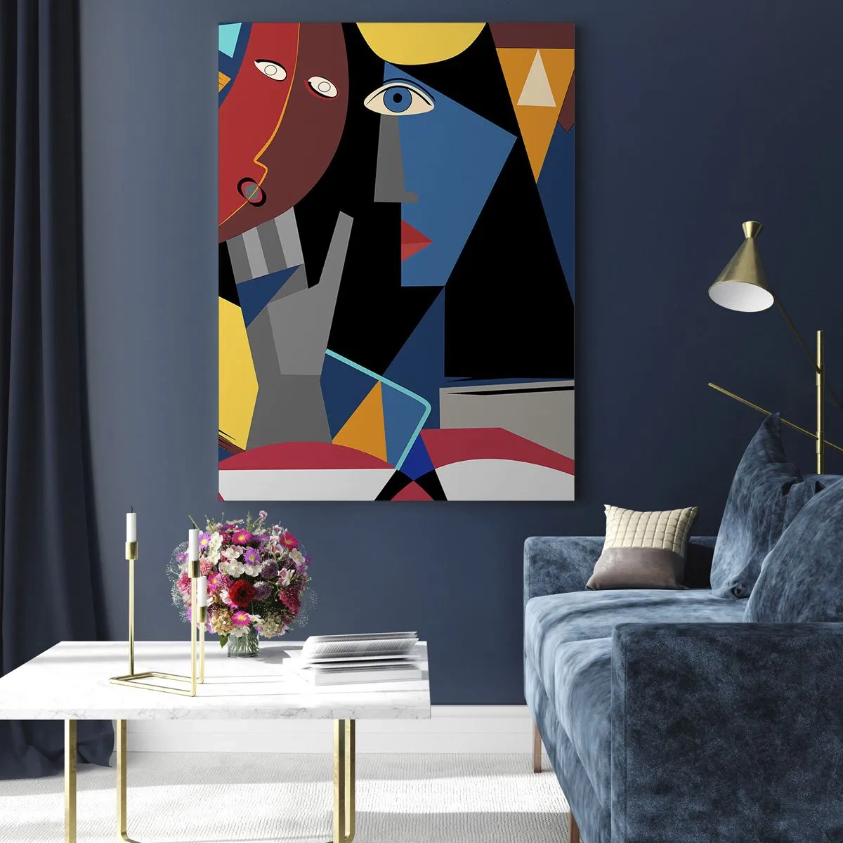 Glasbild - Bild auf glas - Kubistische Gesichter in intensiven Farben - 50x70cm - Gespräch zwischen Kubisten - Moderne Wanddekoration für Wohnzimmer und Schlafzimmer ARTTOR